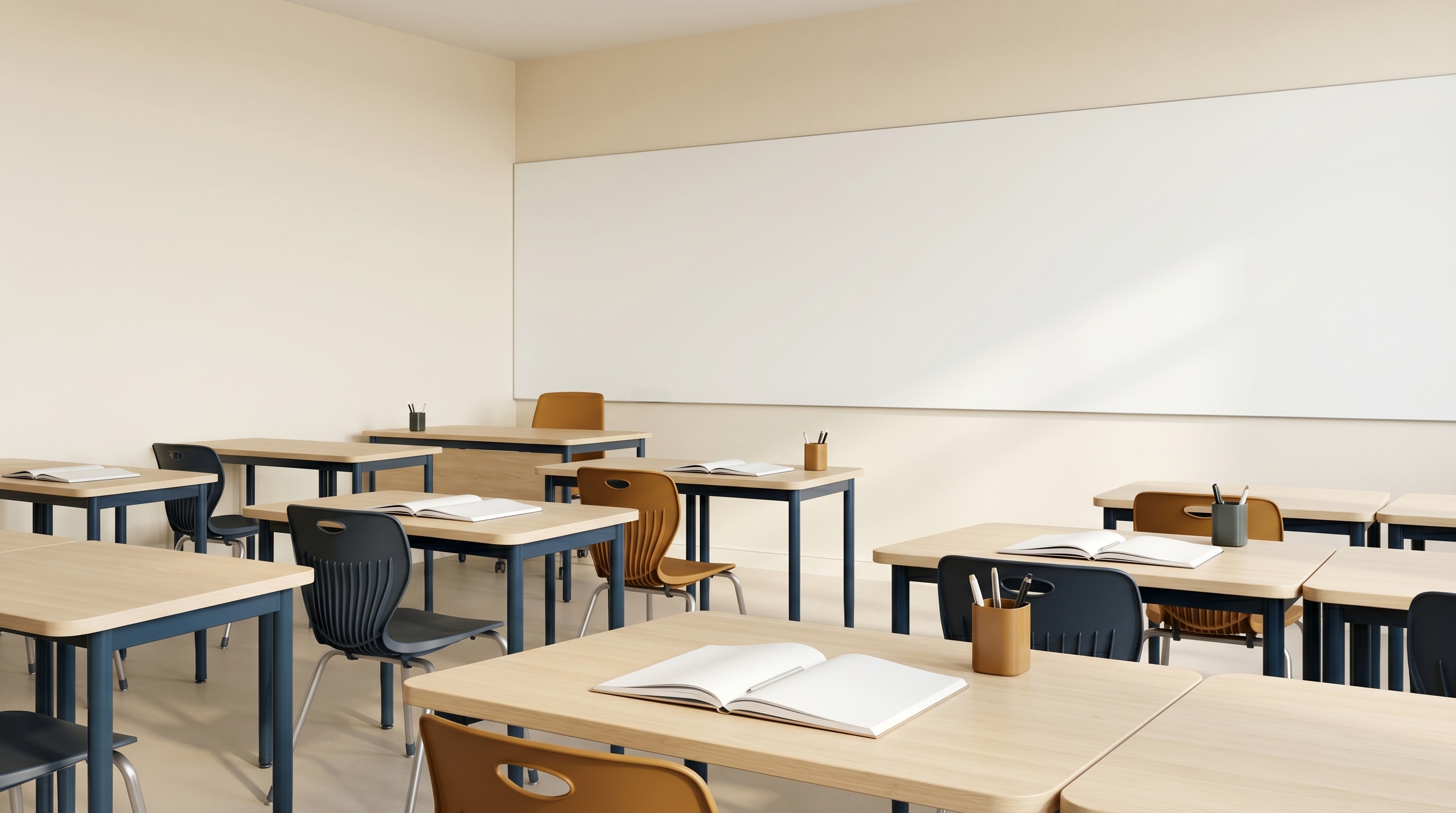 Editorial wide-angle photo of a clean high school entrepreneurship classroom — student desks and a presentation board lit by soft daylight, no people, no signage.